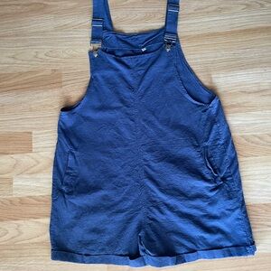 Blue Linen Cotton Blend Overall Shorts